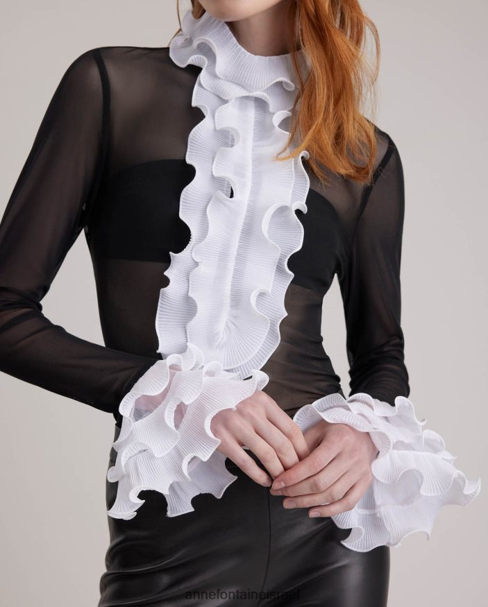 הַלבָּשָׁה Anne Fontaine חולצת צללית חולצת סוודר שקופה עם עיטורי קפלים מנוגדים לבן נשים DL8V8L216