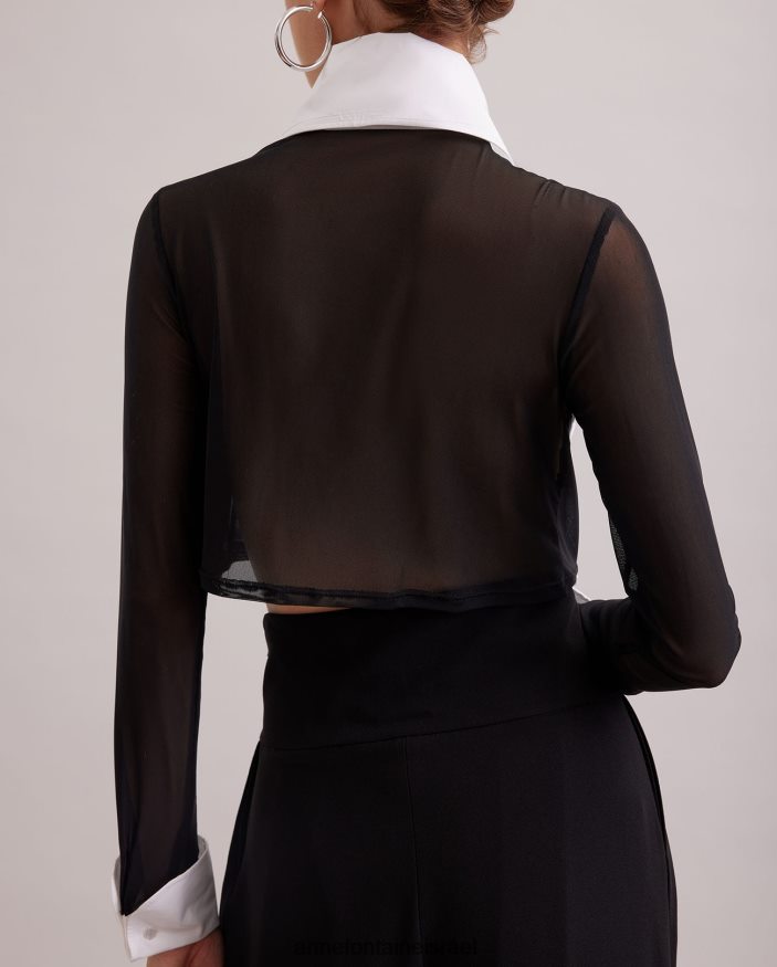 הַלבָּשָׁה Anne Fontaine חולצת טוקסידו קצוצה לחולצת פרגאם הכוללת סינר שוויצרי מעוגל מלפנים ושרוולים שקופים לבן שחור נשים DL8V8L217