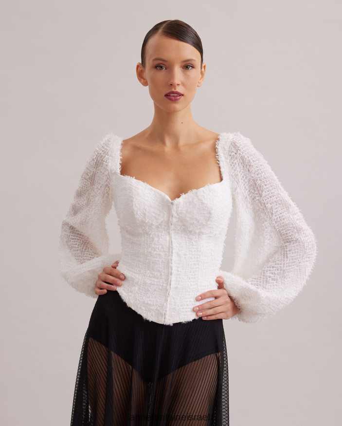 הַלבָּשָׁה Anne Fontaine חולצת פלומה במרקם בלון עם שרוולים בסגנון מחוך לבן נשים DL8V8L219