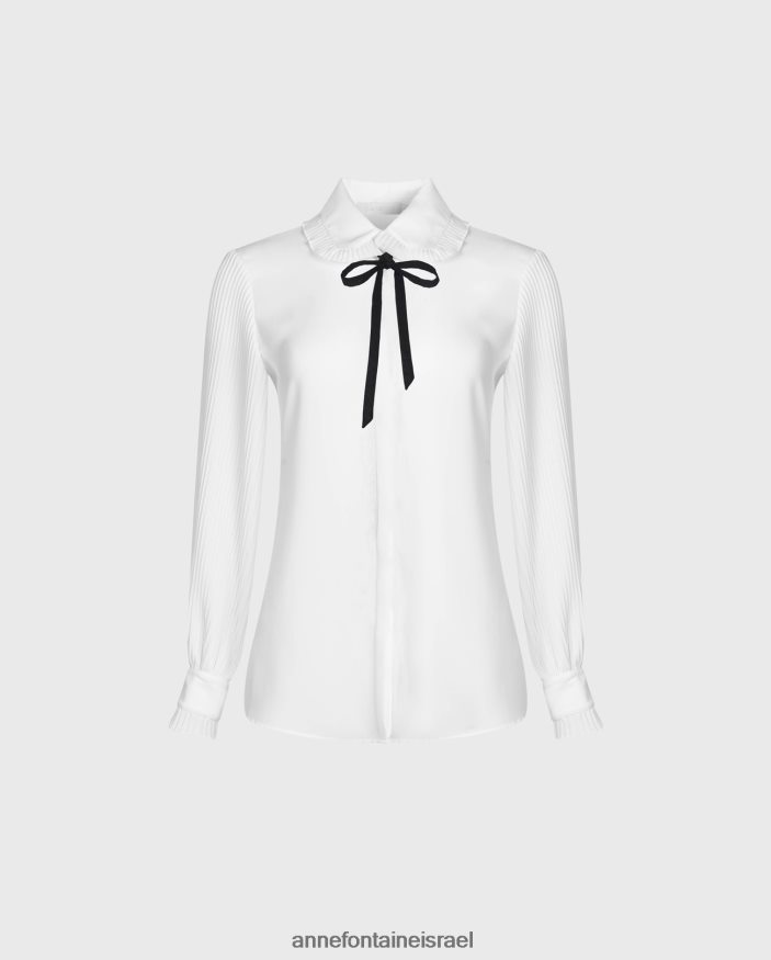 הַלבָּשָׁה Anne Fontaine חולצת ניני חולצת קרפ שוטפת עם צווארון קפלים מיני עגול ועניבה נשלפת לבן שחור נשים DL8V8L220