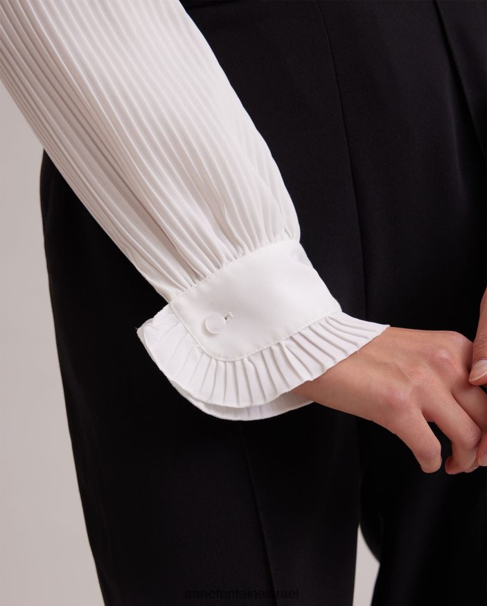 הַלבָּשָׁה Anne Fontaine חולצת ניני חולצת קרפ שוטפת עם צווארון קפלים מיני עגול ועניבה נשלפת לבן שחור נשים DL8V8L220