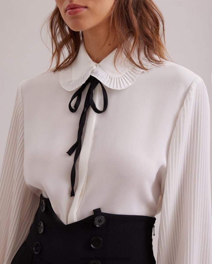 הַלבָּשָׁה Anne Fontaine חולצת ניני חולצת קרפ שוטפת עם צווארון קפלים מיני עגול ועניבה נשלפת לבן שחור נשים DL8V8L220