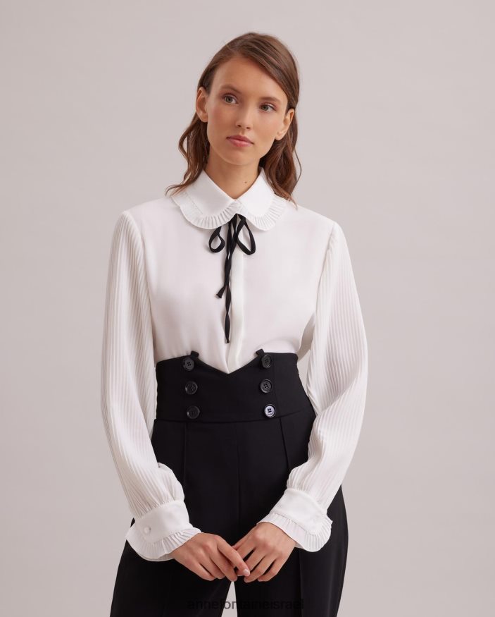 הַלבָּשָׁה Anne Fontaine חולצת ניני חולצת קרפ שוטפת עם צווארון קפלים מיני עגול ועניבה נשלפת לבן שחור נשים DL8V8L220