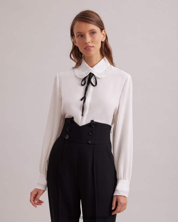 הַלבָּשָׁה Anne Fontaine חולצת ניני חולצת קרפ שוטפת עם צווארון קפלים מיני עגול ועניבה נשלפת לבן שחור נשים DL8V8L220