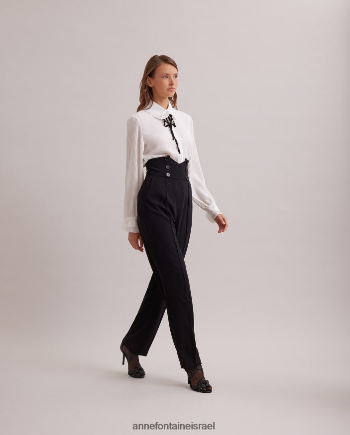הַלבָּשָׁה Anne Fontaine חולצת ניני חולצת קרפ שוטפת עם צווארון קפלים מיני עגול ועניבה נשלפת לבן שחור נשים DL8V8L220