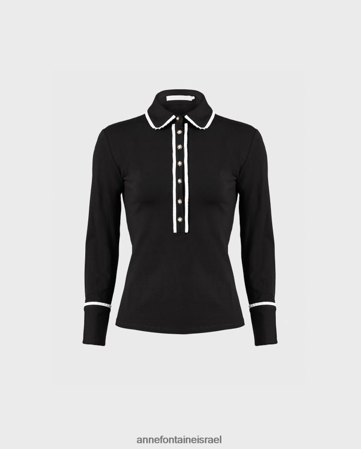 הַלבָּשָׁה Anne Fontaine חולצה פאוסטין חולצה עם שרוולים ארוכים עם עיטורי פרסים וכפתורי פנינים לבן שחור נשים DL8V8L223