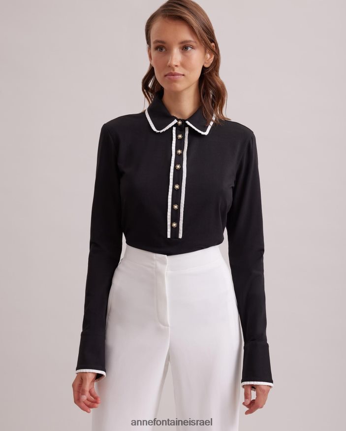 הַלבָּשָׁה Anne Fontaine חולצה פאוסטין חולצה עם שרוולים ארוכים עם עיטורי פרסים וכפתורי פנינים לבן שחור נשים DL8V8L223