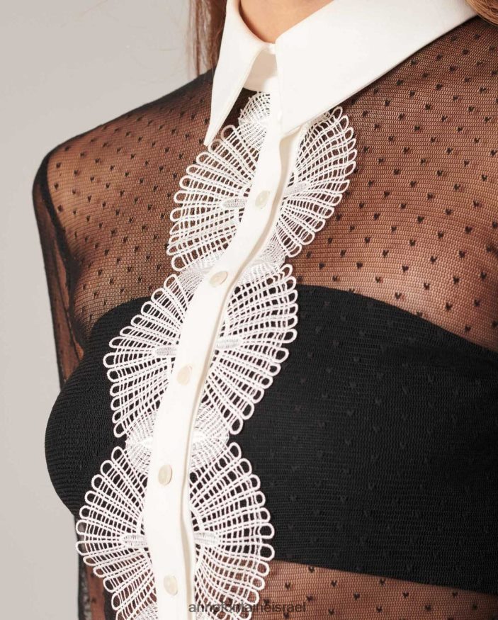 הַלבָּשָׁה Anne Fontaine חולצת ליאופולדין חולצה לא מרופדת עם דפוסי נקודות סיכות לבן שחור נשים DL8V8L225