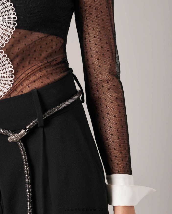 הַלבָּשָׁה Anne Fontaine חולצת ליאופולדין חולצה לא מרופדת עם דפוסי נקודות סיכות לבן שחור נשים DL8V8L225