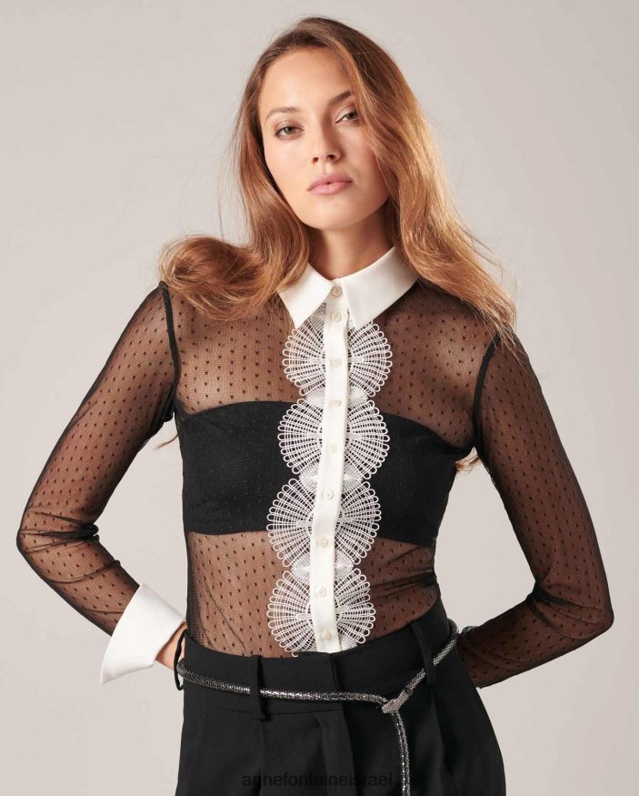 הַלבָּשָׁה Anne Fontaine חולצת ליאופולדין חולצה לא מרופדת עם דפוסי נקודות סיכות לבן שחור נשים DL8V8L225