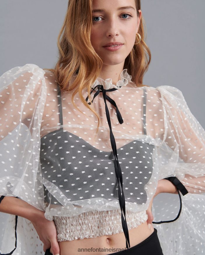 הַלבָּשָׁה Anne Fontaine חולצה פיירלייט חולצה שקופה עם רקמת נקודות ושרוולים מוגזמים לבן שחור נשים DL8V8L227