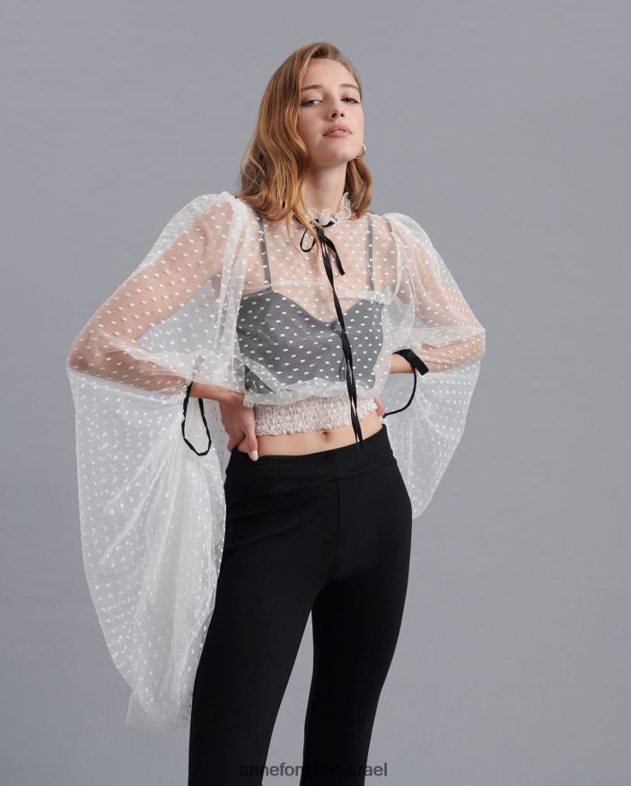 הַלבָּשָׁה Anne Fontaine חולצה פיירלייט חולצה שקופה עם רקמת נקודות ושרוולים מוגזמים לבן שחור נשים DL8V8L227