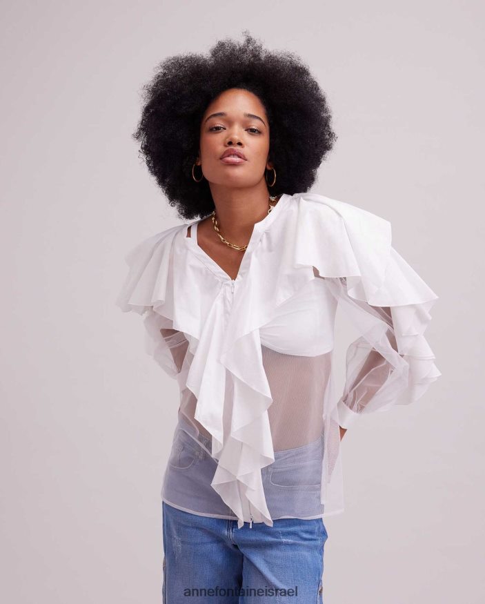 הַלבָּשָׁה Anne Fontaine חולצת גלרי חולצת רשת שקופה עם פרטי סלסול מדורגים לבן נשים DL8V8L239