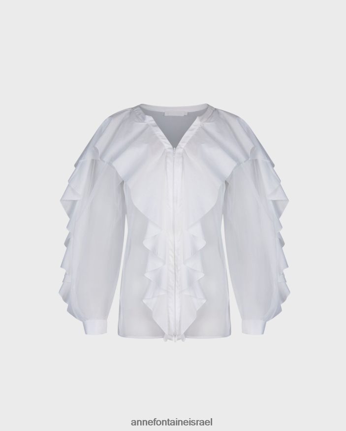 הַלבָּשָׁה Anne Fontaine חולצת גלרי חולצת רשת שקופה עם פרטי סלסול מדורגים לבן נשים DL8V8L239