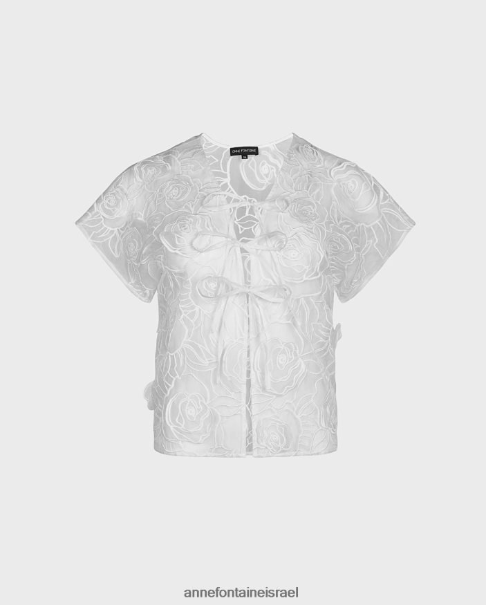 הַלבָּשָׁה Anne Fontaine חולצת פלורס חולצה שקופה עם חזית פתוחה עם רוזטות פרחוניות תלת מימדיות לבן נשים DL8V8L241