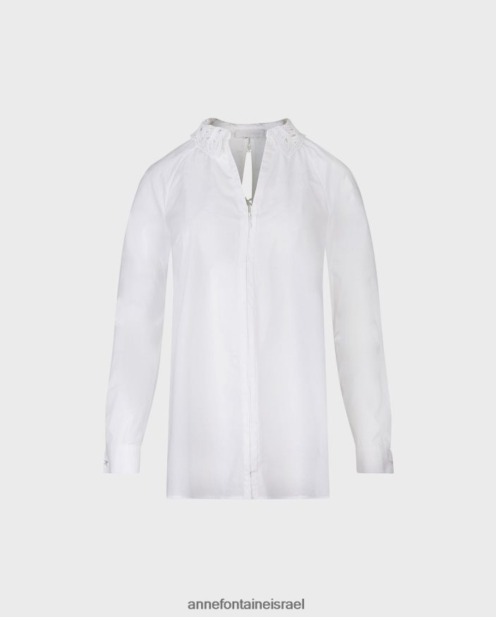 הַלבָּשָׁה Anne Fontaine חולצה באסקית חולצה קלאסית עם שרוולים ארוכים עם צווארון תחרה וחפתים צרפתיים לבן נשים DL8V8L243