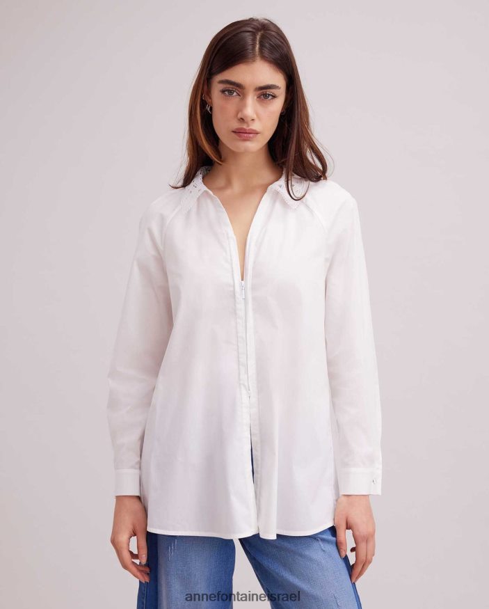 הַלבָּשָׁה Anne Fontaine חולצה באסקית חולצה קלאסית עם שרוולים ארוכים עם צווארון תחרה וחפתים צרפתיים לבן נשים DL8V8L243