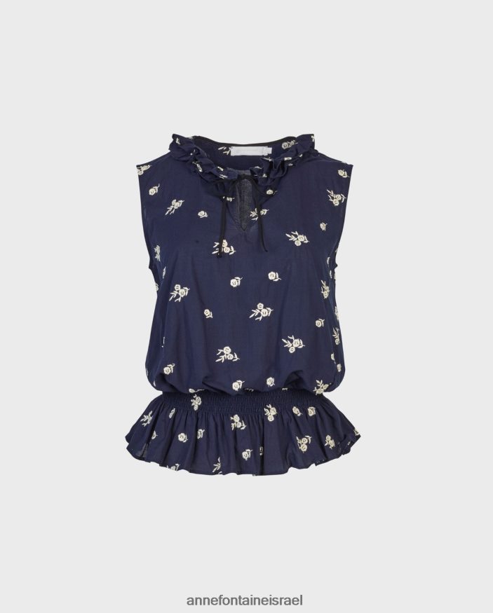 הַלבָּשָׁה Anne Fontaine חולצת גליל גליל ללא שרוולים עם צווארון מדומה עם רקמה פרחונית חיל הים/לבן נשים DL8V8L244
