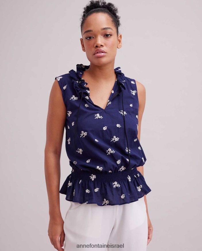 הַלבָּשָׁה Anne Fontaine חולצת גליל גליל ללא שרוולים עם צווארון מדומה עם רקמה פרחונית חיל הים/לבן נשים DL8V8L244