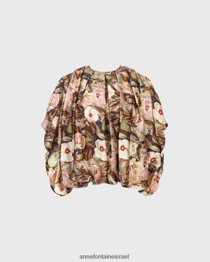 הַלבָּשָׁה Anne Fontaine חולצה עילאית חולצת משי בהדפס פרחוני עם שרוולי עטלף וקפלים חום נשים DL8V8L246