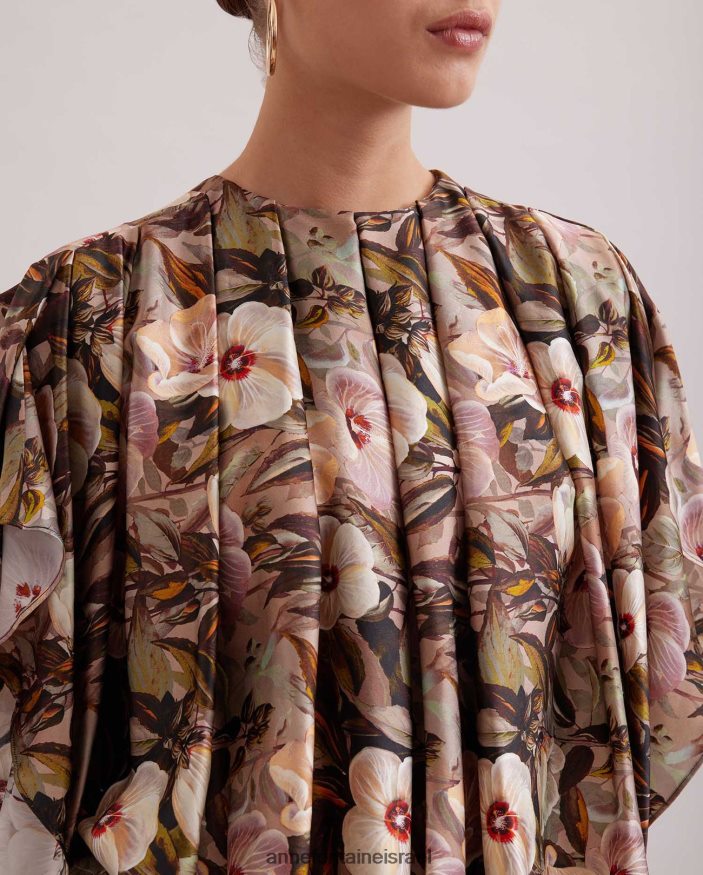 הַלבָּשָׁה Anne Fontaine חולצה עילאית חולצת משי בהדפס פרחוני עם שרוולי עטלף וקפלים חום נשים DL8V8L246