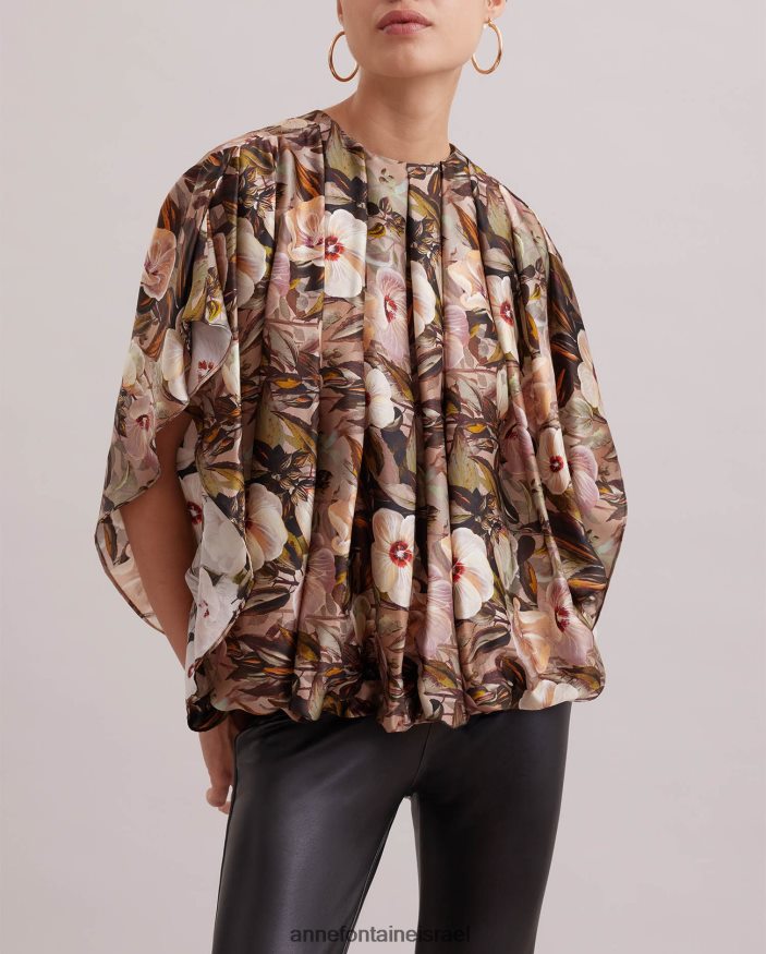 הַלבָּשָׁה Anne Fontaine חולצה עילאית חולצת משי בהדפס פרחוני עם שרוולי עטלף וקפלים חום נשים DL8V8L246