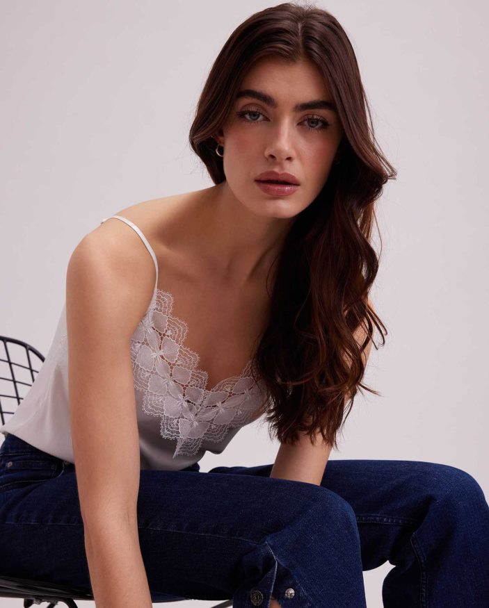 הַלבָּשָׁה Anne Fontaine קמילת משי עליון אגבה עם עיטורי אפליקציות תחרה לבן נשים DL8V8L249