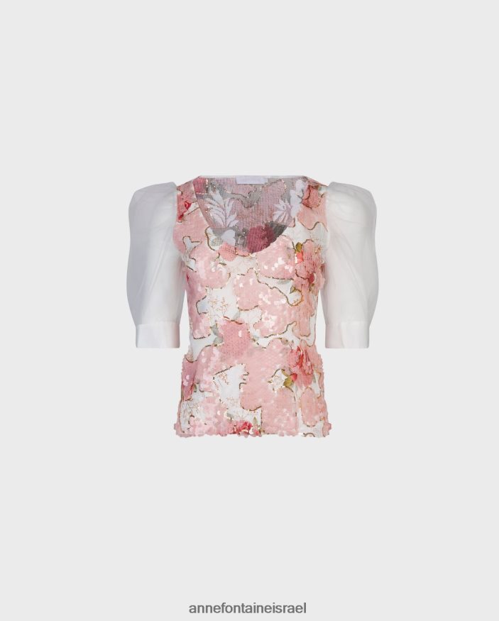 הַלבָּשָׁה Anne Fontaine עליונית רוזאה וטופ נצנצים ורדים עם שרוולי רשת קצרים ורוד/לבן נשים DL8V8L259