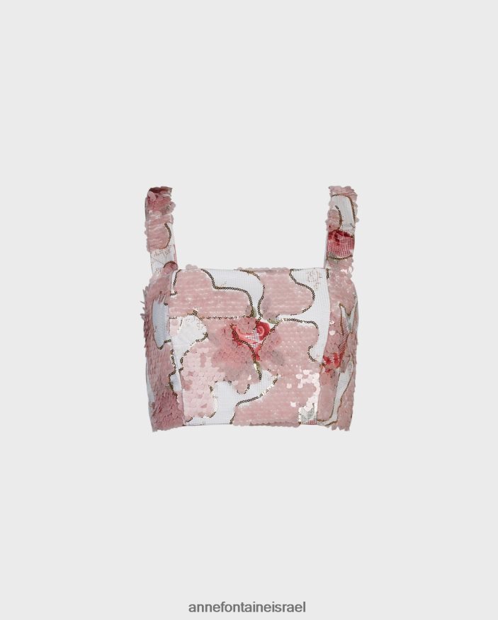 הַלבָּשָׁה Anne Fontaine טופ קרופ נחמד ופייטים רקומים בדוגמת ורדים ורוד/לבן נשים DL8V8L260