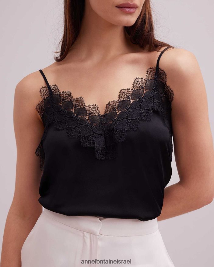 הַלבָּשָׁה Anne Fontaine קמיצה עליונה משי אגבה עם עיטורי תחרה שָׁחוֹר נשים DL8V8L262