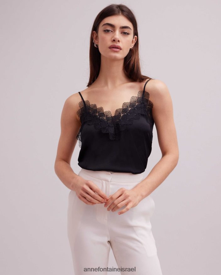 הַלבָּשָׁה Anne Fontaine קמיצה עליונה משי אגבה עם עיטורי תחרה שָׁחוֹר נשים DL8V8L262