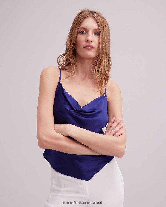 הַלבָּשָׁה Anne Fontaine טופ סאטן ללא שרוולים עליון עם שולי מטפחת כְּחוֹל נשים DL8V8L264