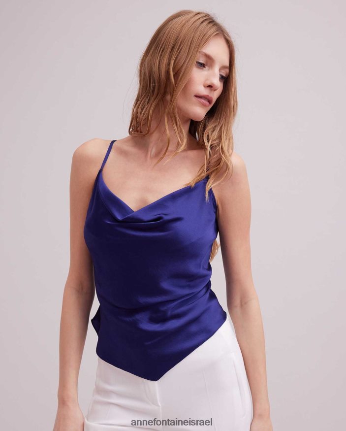 הַלבָּשָׁה Anne Fontaine טופ סאטן ללא שרוולים עליון עם שולי מטפחת כְּחוֹל נשים DL8V8L264