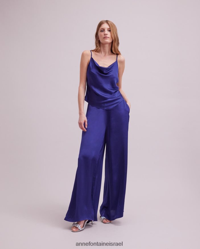 הַלבָּשָׁה Anne Fontaine טופ סאטן ללא שרוולים עליון עם שולי מטפחת כְּחוֹל נשים DL8V8L264