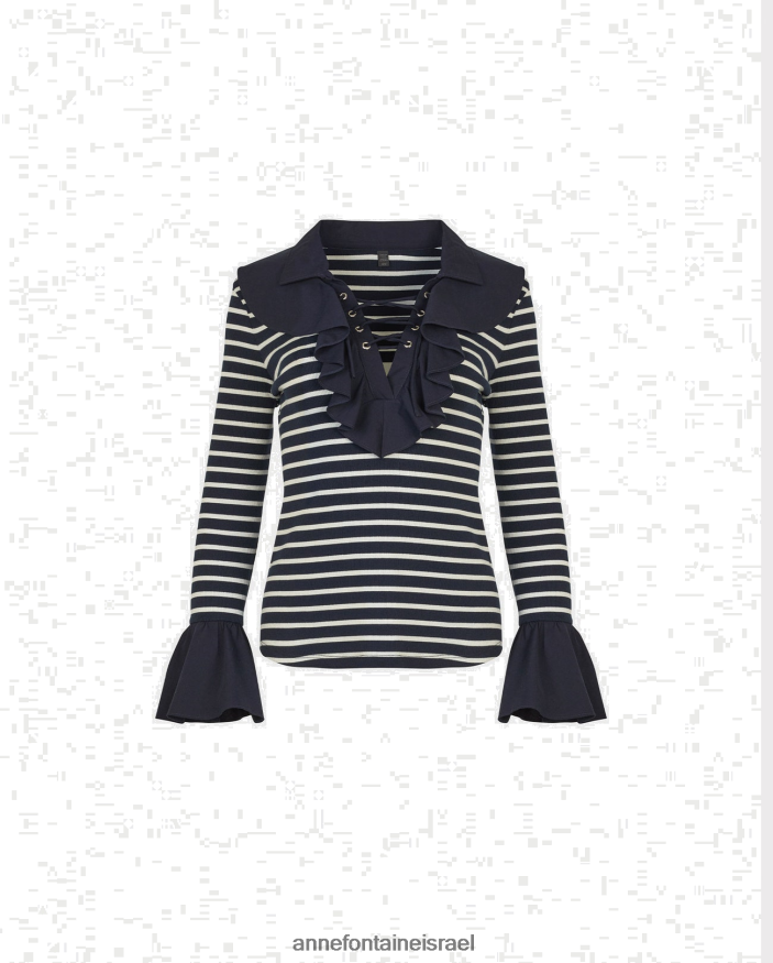 הַלבָּשָׁה Anne Fontaine חלק עליון וסריג פסים עם צווארון סלסולים וחפתים חיל הים/לבן נשים DL8V8L266