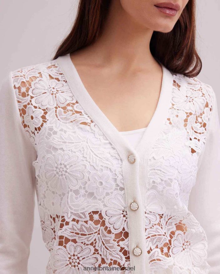 הַלבָּשָׁה Anne Fontaine קרדיגן אזליה שרוול ארוך פרחוני קרדיגן תחרה עם עיטורי סריג מצולעים לבן נשים DL8V8L268