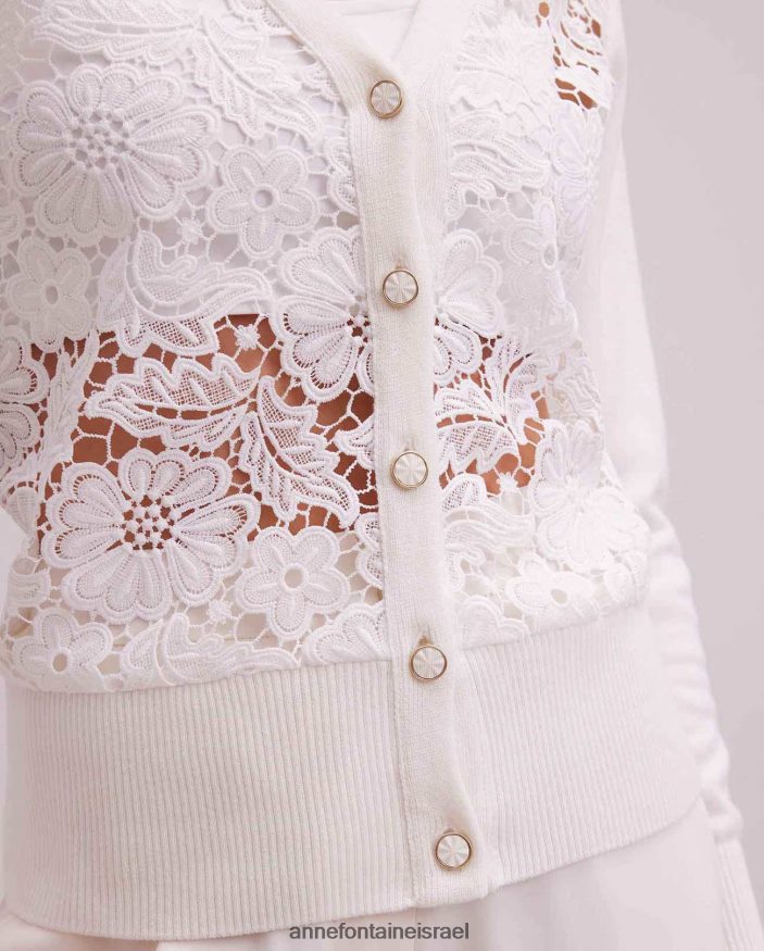 הַלבָּשָׁה Anne Fontaine קרדיגן אזליה שרוול ארוך פרחוני קרדיגן תחרה עם עיטורי סריג מצולעים לבן נשים DL8V8L268