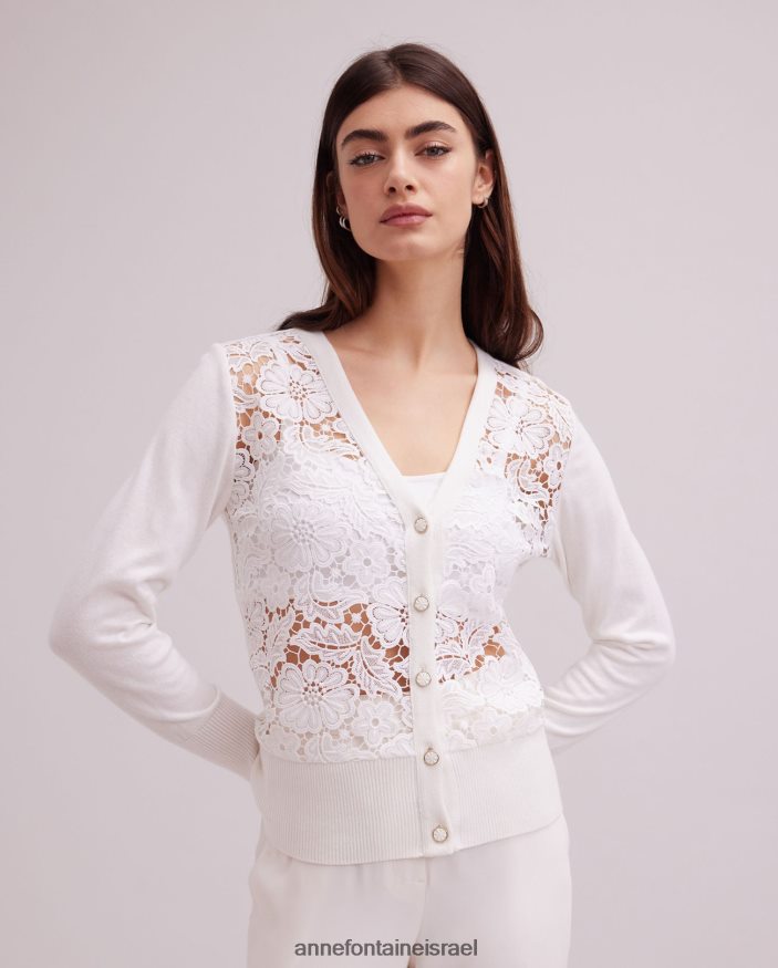 הַלבָּשָׁה Anne Fontaine קרדיגן אזליה שרוול ארוך פרחוני קרדיגן תחרה עם עיטורי סריג מצולעים לבן נשים DL8V8L268
