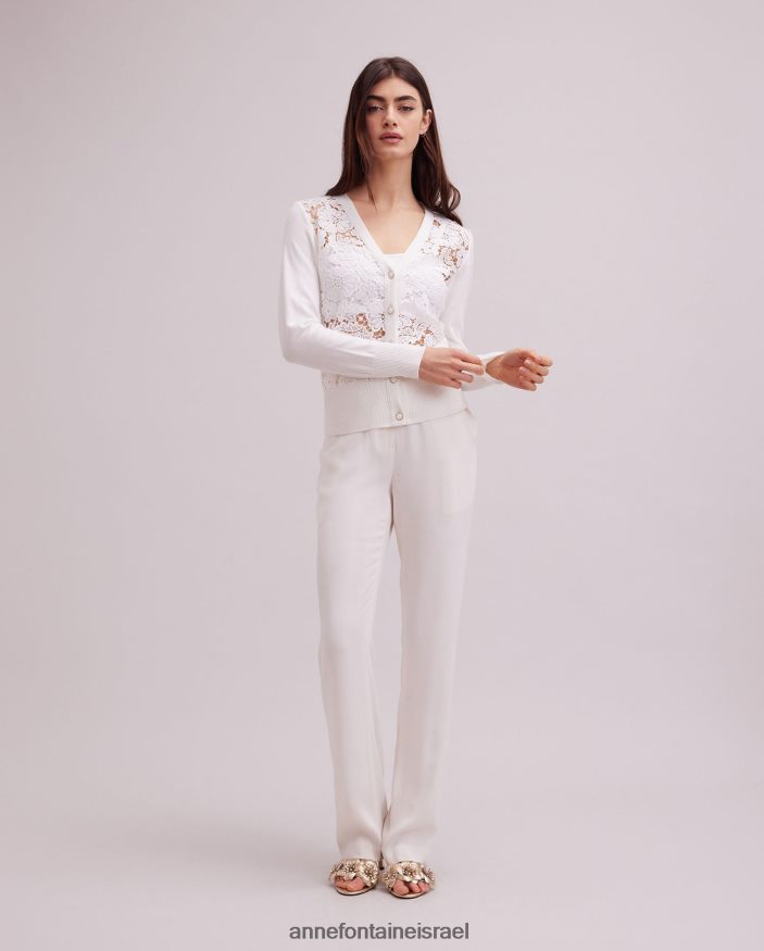 הַלבָּשָׁה Anne Fontaine קרדיגן אזליה שרוול ארוך פרחוני קרדיגן תחרה עם עיטורי סריג מצולעים לבן נשים DL8V8L268