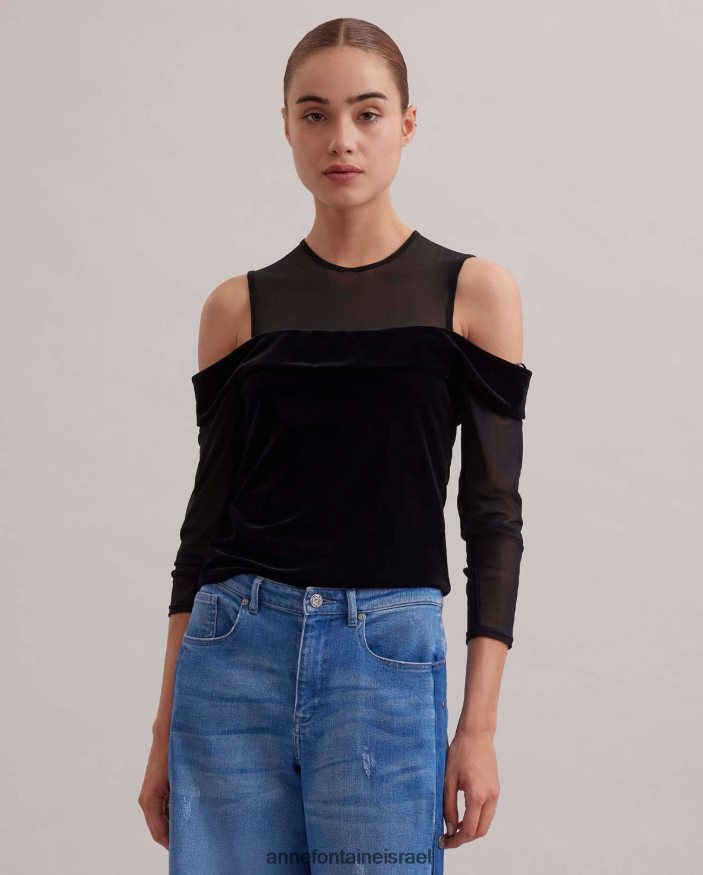 הַלבָּשָׁה Anne Fontaine חלק עליון כהה מקטיפה עם שרוולים ארוכים וחלק עליון לכתף קרה שָׁחוֹר נשים DL8V8L274