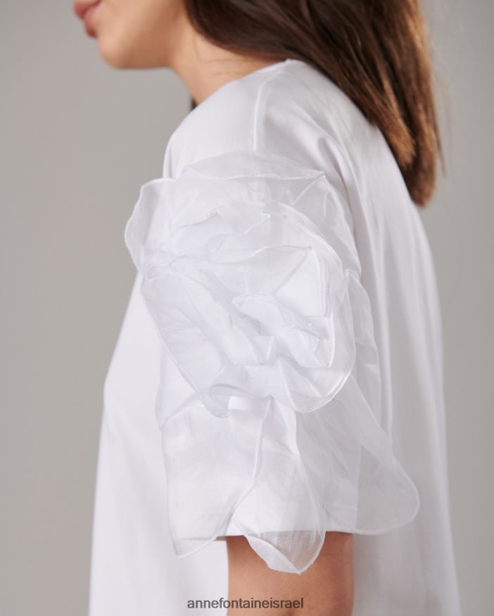 הַלבָּשָׁה Anne Fontaine טופ קולומבה עם צווארון סקופ ושרוולים פרחוניים לבן נשים DL8V8L275