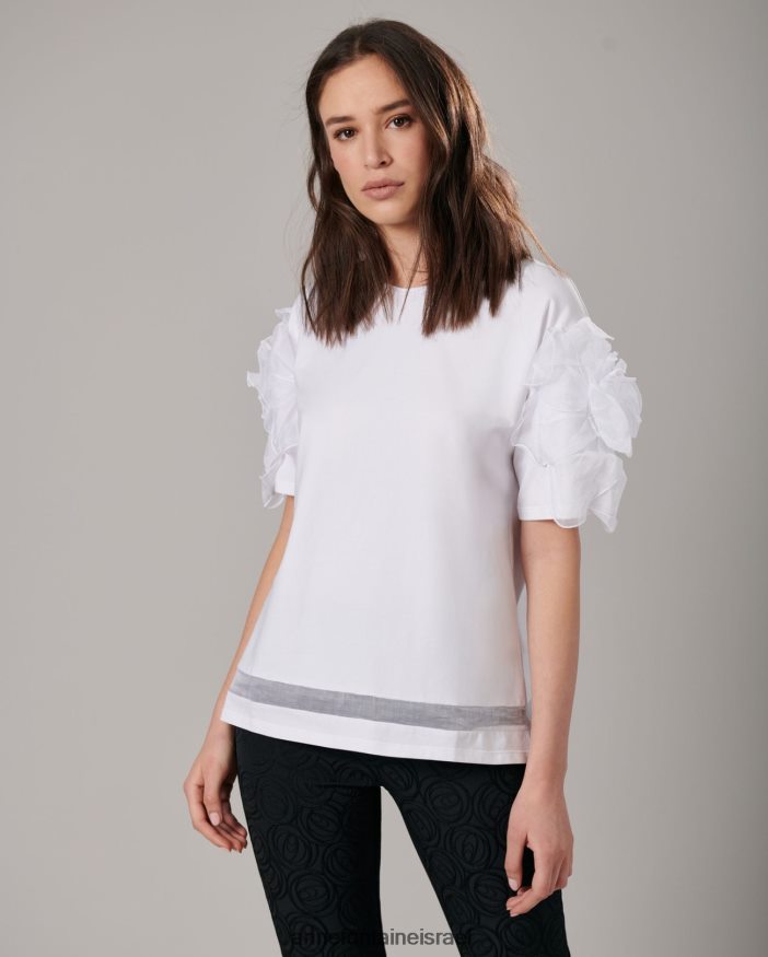 הַלבָּשָׁה Anne Fontaine טופ קולומבה עם צווארון סקופ ושרוולים פרחוניים לבן נשים DL8V8L275