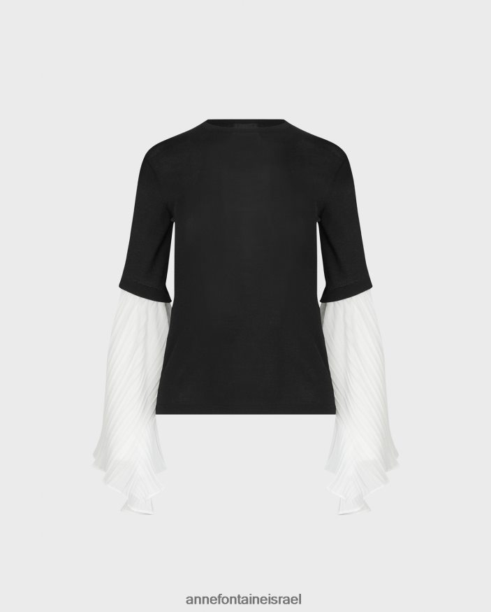 הַלבָּשָׁה Anne Fontaine סריג חצי שקוף עליון דהוי עם שרוולי כנף קפלים לבן שחור נשים DL8V8L278
