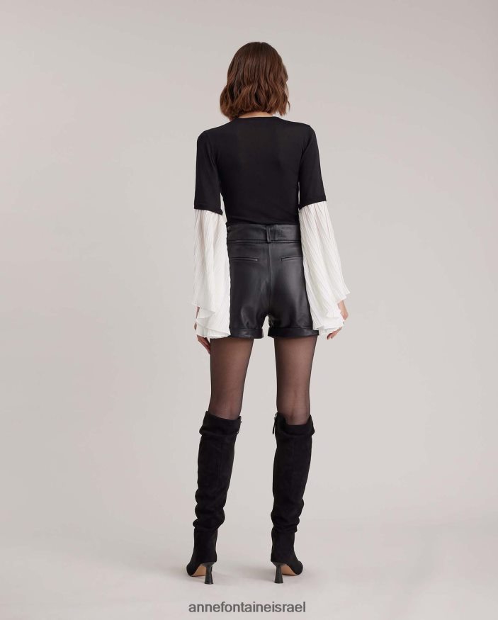 הַלבָּשָׁה Anne Fontaine סריג חצי שקוף עליון דהוי עם שרוולי כנף קפלים לבן שחור נשים DL8V8L278