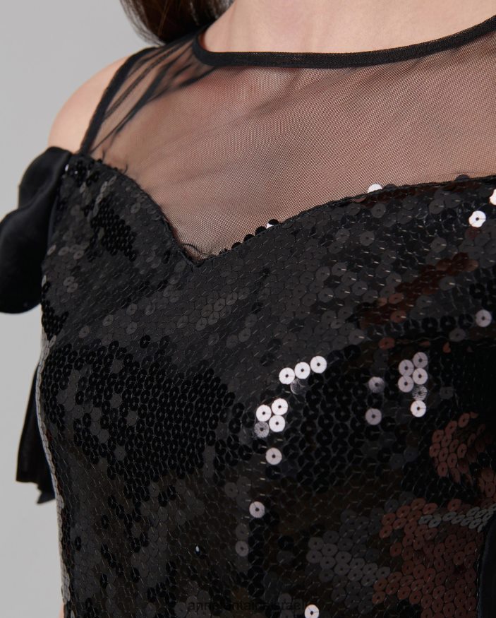 הַלבָּשָׁה Anne Fontaine חולצת פאייטים עליונה של פאסולה עם עול שקוף וכתף פתוחה שָׁחוֹר נשים DL8V8L283