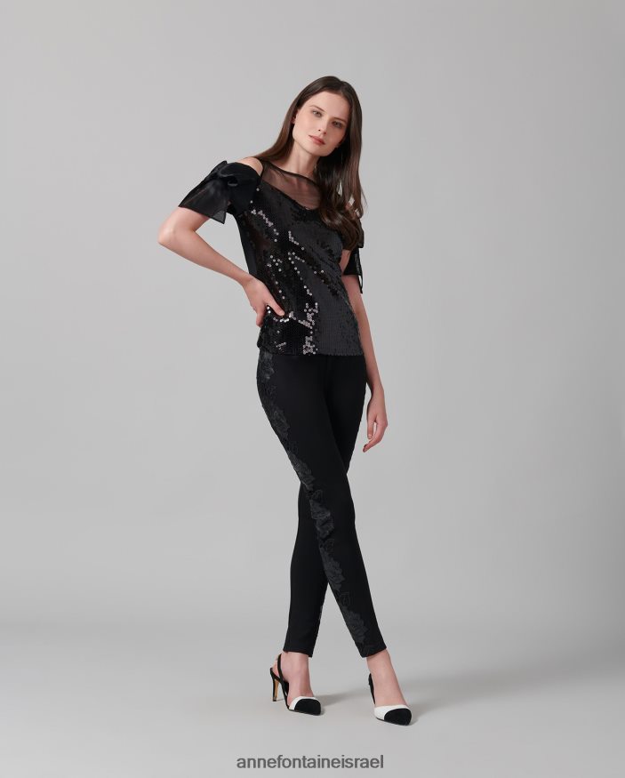 הַלבָּשָׁה Anne Fontaine חולצת פאייטים עליונה של פאסולה עם עול שקוף וכתף פתוחה שָׁחוֹר נשים DL8V8L283