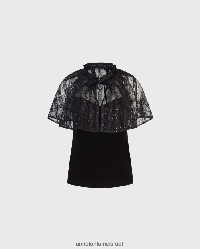הַלבָּשָׁה Anne Fontaine גופיית קטיפה גותית עם שכמיית תחרה שקופה מחוברת שָׁחוֹר נשים DL8V8L285