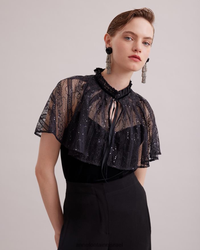 הַלבָּשָׁה Anne Fontaine גופיית קטיפה גותית עם שכמיית תחרה שקופה מחוברת שָׁחוֹר נשים DL8V8L285