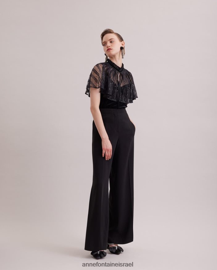 הַלבָּשָׁה Anne Fontaine גופיית קטיפה גותית עם שכמיית תחרה שקופה מחוברת שָׁחוֹר נשים DL8V8L285