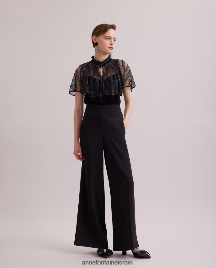 הַלבָּשָׁה Anne Fontaine גופיית קטיפה גותית עם שכמיית תחרה שקופה מחוברת שָׁחוֹר נשים DL8V8L285